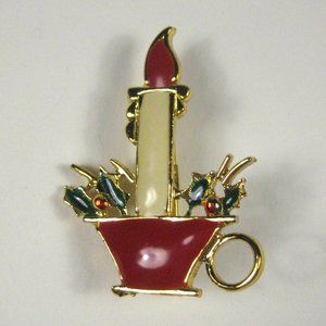BJ Christmas Brooch Candle Goldtone 1.5 In VTG 1970-80 Green Enamel Metal White